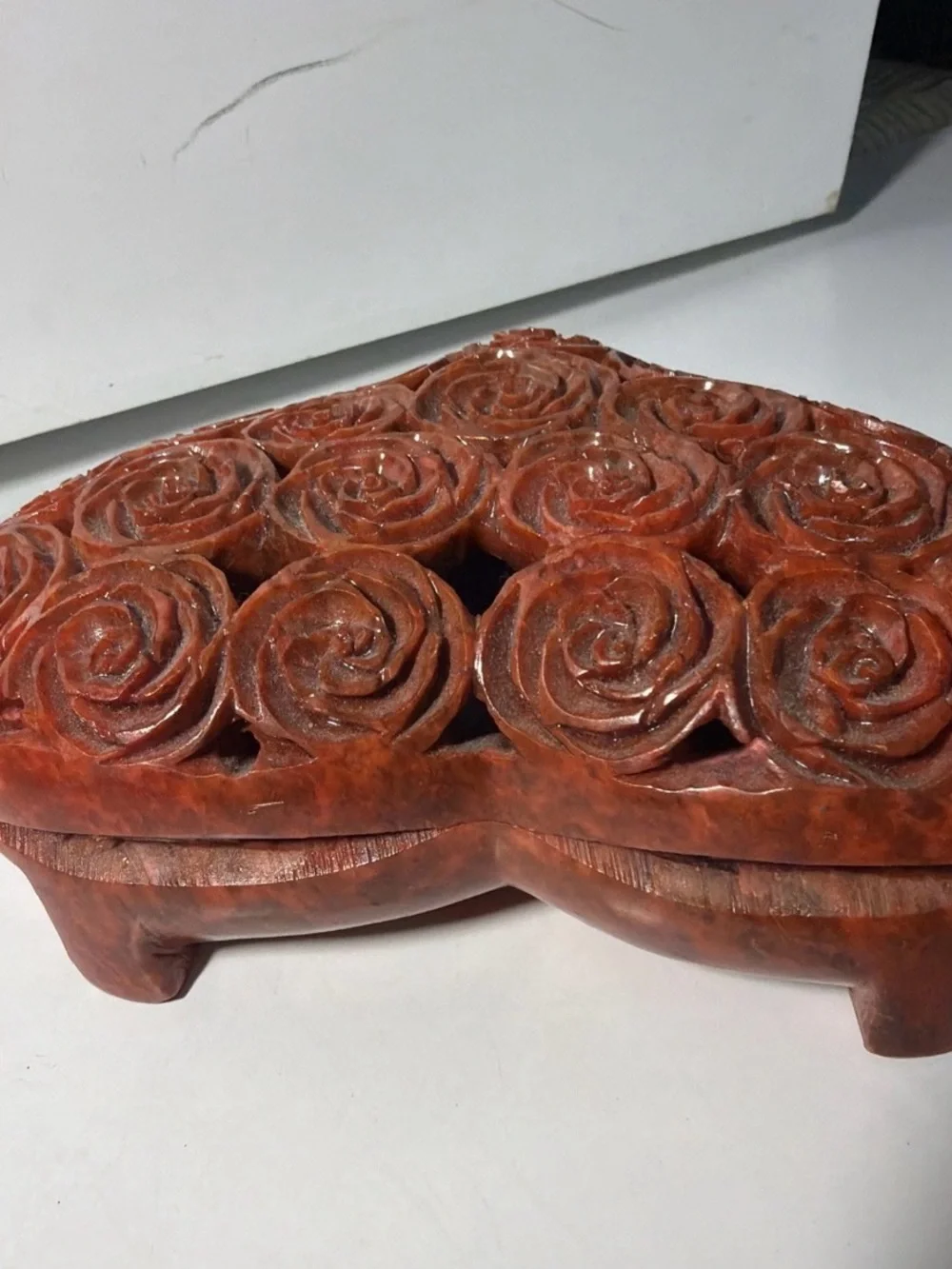 Hand Carved Soapstone Heart Trinket Box Roses India Jewelry Keepsake box